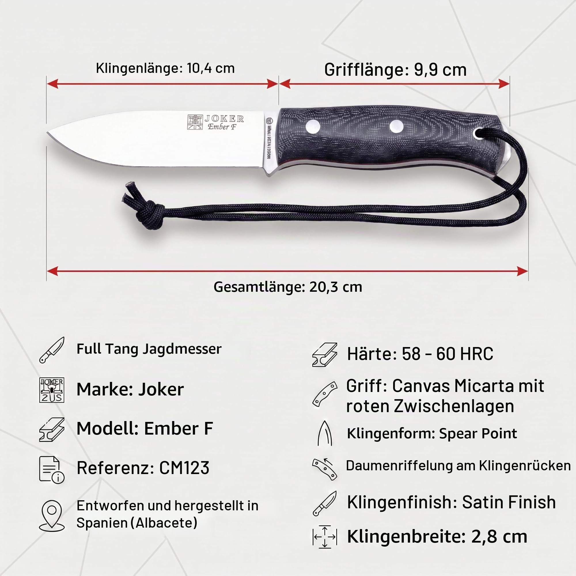 Joker Bushcraft Jokermesser Ember F CM123-P, schwarze Lederscheide, Gürtelmesser mit 10,5 cm Klinge, Micarta-griff, mit Feuerstahl und Parakord 550, Werkzeug zum Fischen, Jagen, Campen und Wandern