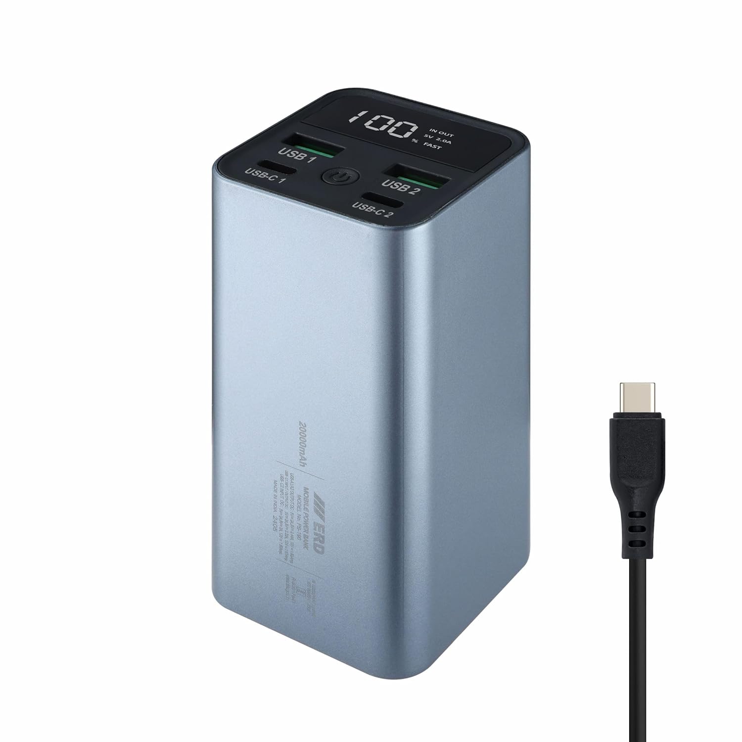 ERD PB 190 Cylindrical Cell, 25W Power Bank, 20000mAh, USB-C1/C2 Input/Output, USB-A1/A2 Output, Compatible with Smartphones, Smart Watches, Neckbands with Data Cable, High Gloss PC, Metallic Grey