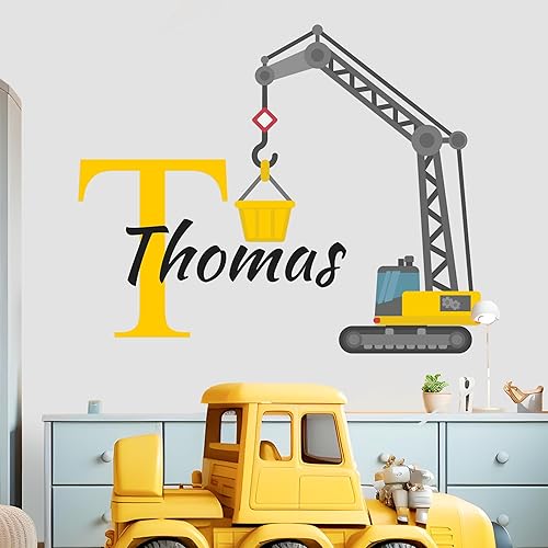 Decoración de pared de grúa de construcción I Nombre personalizado e inicial I Baby Boy I Nursery Calcomanía de pared para decoración de habitación