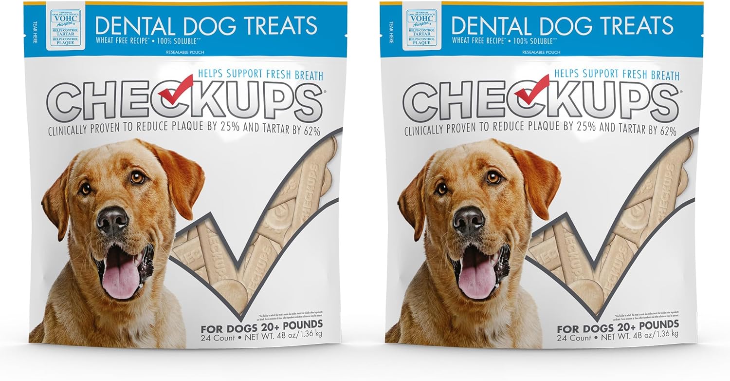 Checkups Dental Dog Treats for Oral Care, Fresh Breath & Plaque Control - 24 Treats, 48 oz. (2 Pack) - Delicious Chews for Happy and Healthy Dogs - Amazon product rated Grade B