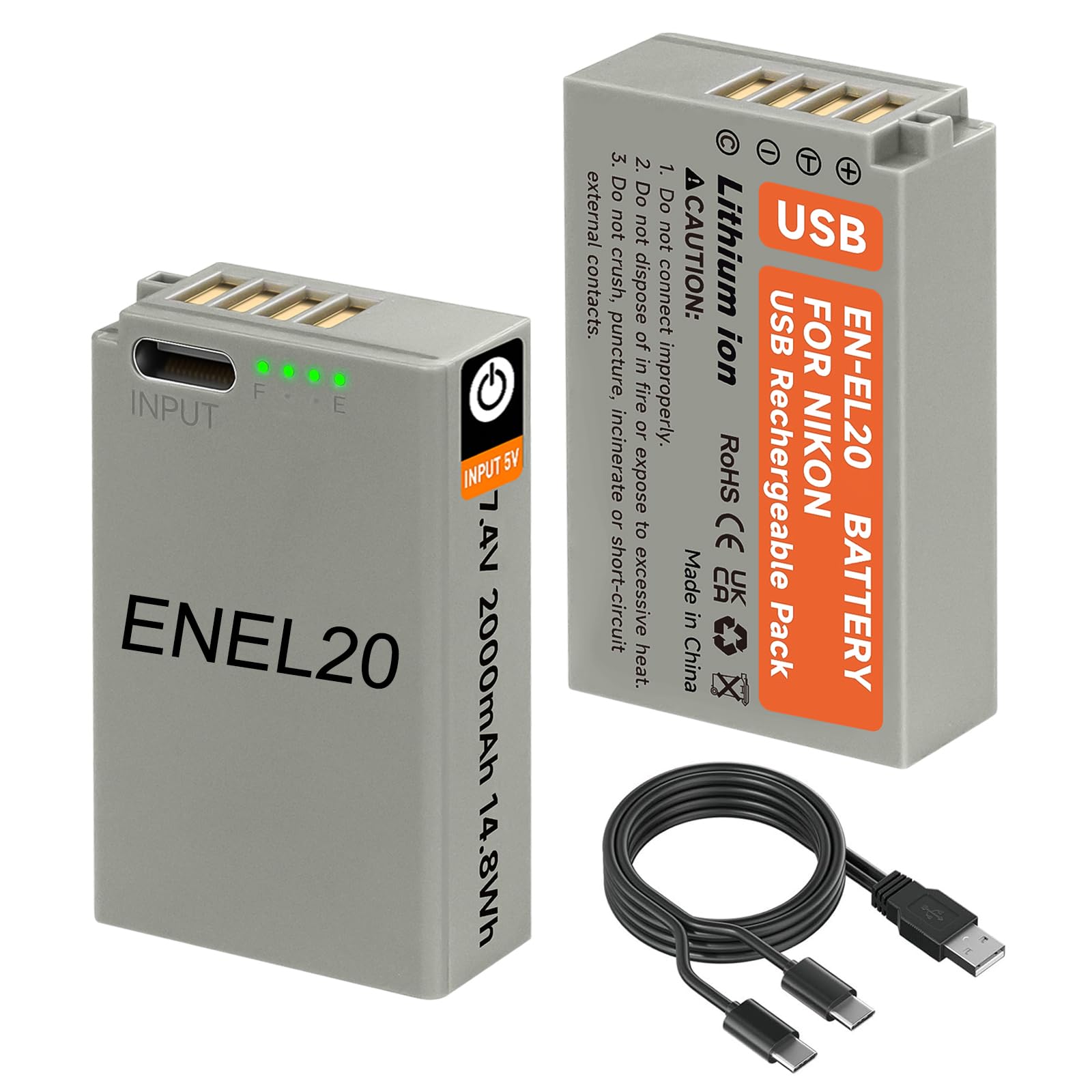 2Pcs ENEL20 EN-EL20a Baterías de Repuesto con LED y Cable de Carga USB-C para Nikon Coolpix P950, P1000, P1100, Coolpix A, 1 J1, 1 J2, 1 J3, 1 S1, 1 V3, DL24-500, 1 AW1