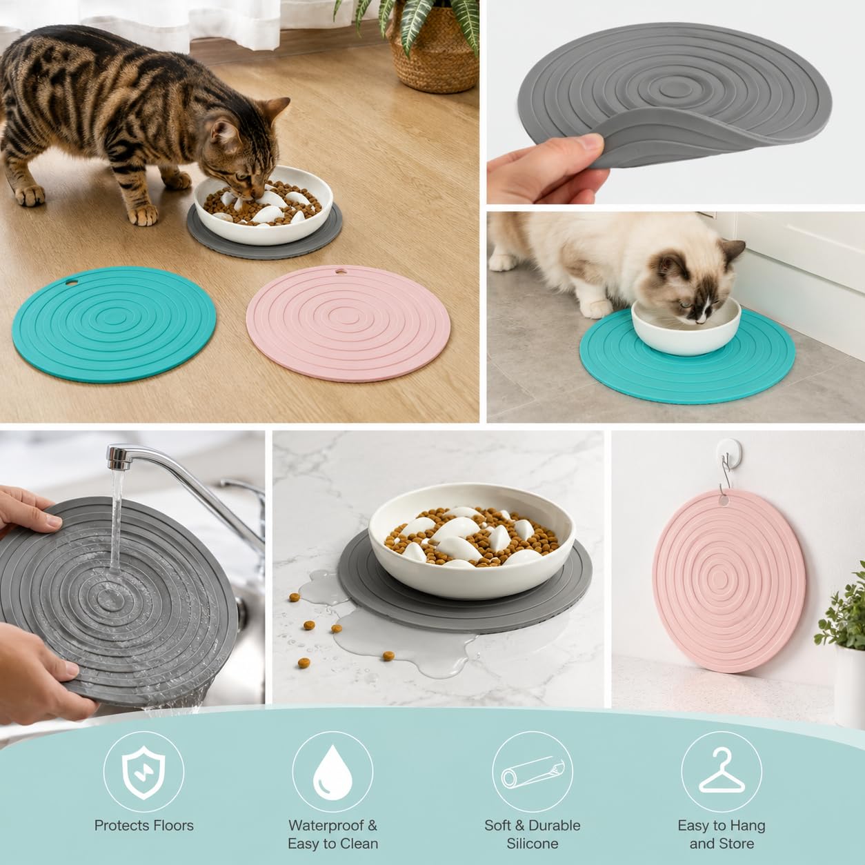 Tappetino Sottociotola per Cani e Gatti, Set 3 Pezzi in Silicone Antiscivolo Impermeabile, 2 x 16 cm e 1 x 18 cm, Base per Ciotole Cibo Acqua, Protezione Pavimento per Casa Viaggio e Campeggio