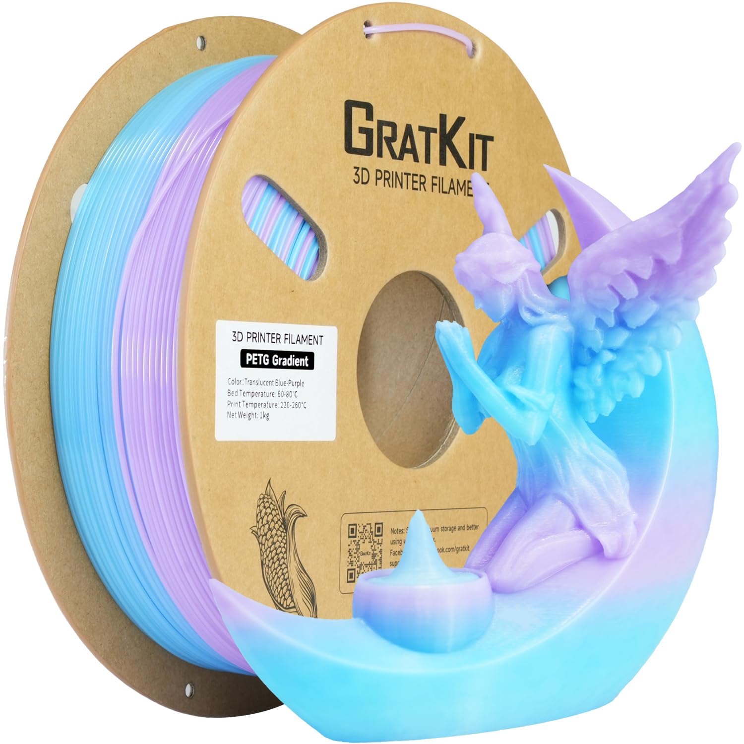 GratKit Gradient PETG Filament, 1.75mm, 1kg, Translucent Blue Purple