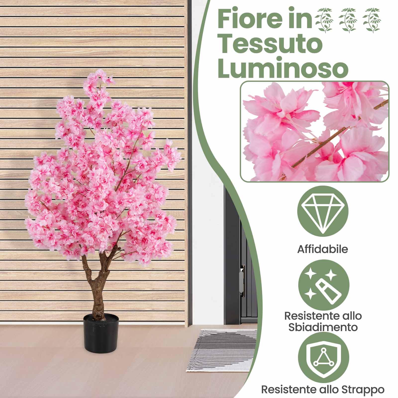 COSTWAY Albero di Ciliegio Artificiale da 118 cm con Fiori Rosa, Tronco PE Multiramo e Base Riempita di Cemento, Pianta Finta da Interno ed Esterno in Vaso per Ufficio, Casa, Matrimonio