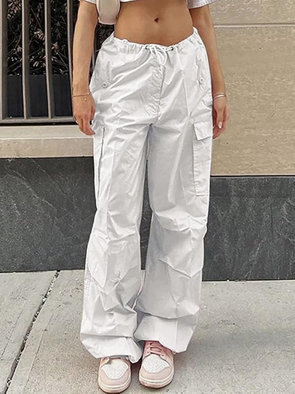 LQI Parachute Pants for Women Y2K Baggy Cargo Pants Drawstring Trousers Low Rise Loose Jogger Sweatpants White by LQI - Used condition - Image 2