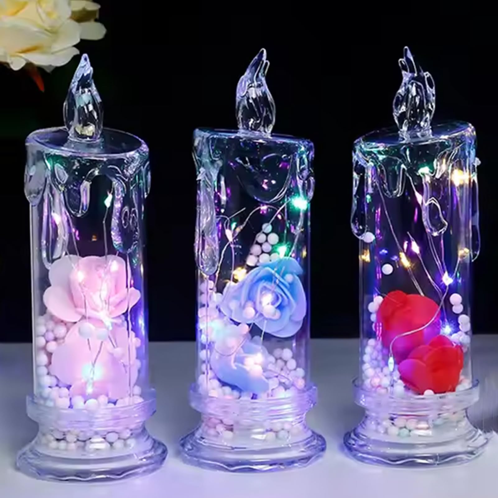 3PCS Realistic Rose Candle Lights — Battery-Powered, Rose LED Flameless Candles Gift for Mom, Women, Romantic Battery Operated Candles Led Pillar Candles, Creative LED Night Light for Bedroom Decor