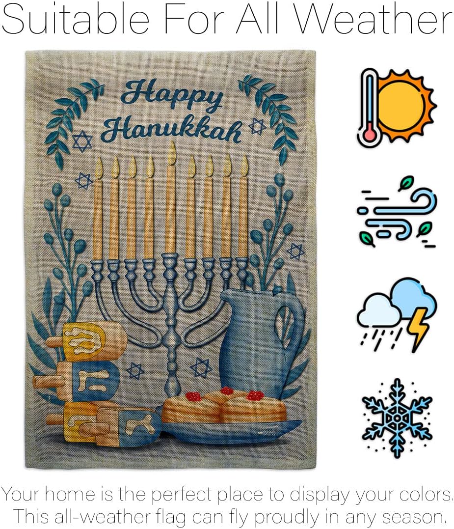 Happy Hanukkah Set Wall Holder Winter Candle Bonsai Menorah Jewish Chanukah David House Decoration Banner Small Yard Gift Double-Sided, Garden Flag 13"x 18.5", Thick Burlap
