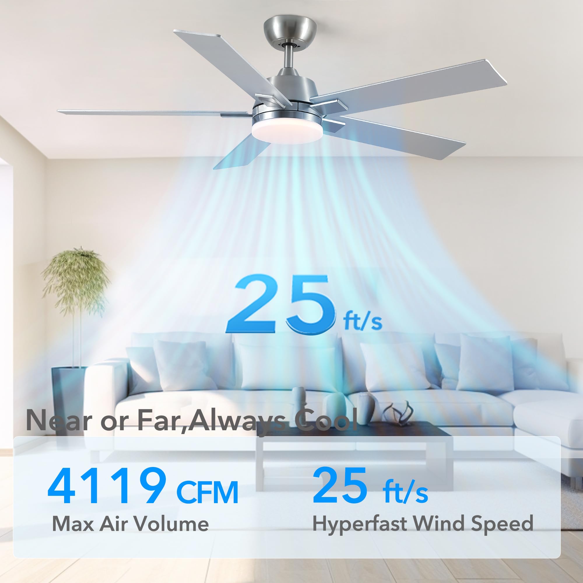 Ventiladores de techo de 52 pulgadas con luces y control remoto, ventilador de techo de níquel cepillado, motor CC reversible de 6 velocidades, LED regulable 3CCT, diseño moderno para dormitorio, sala 3
