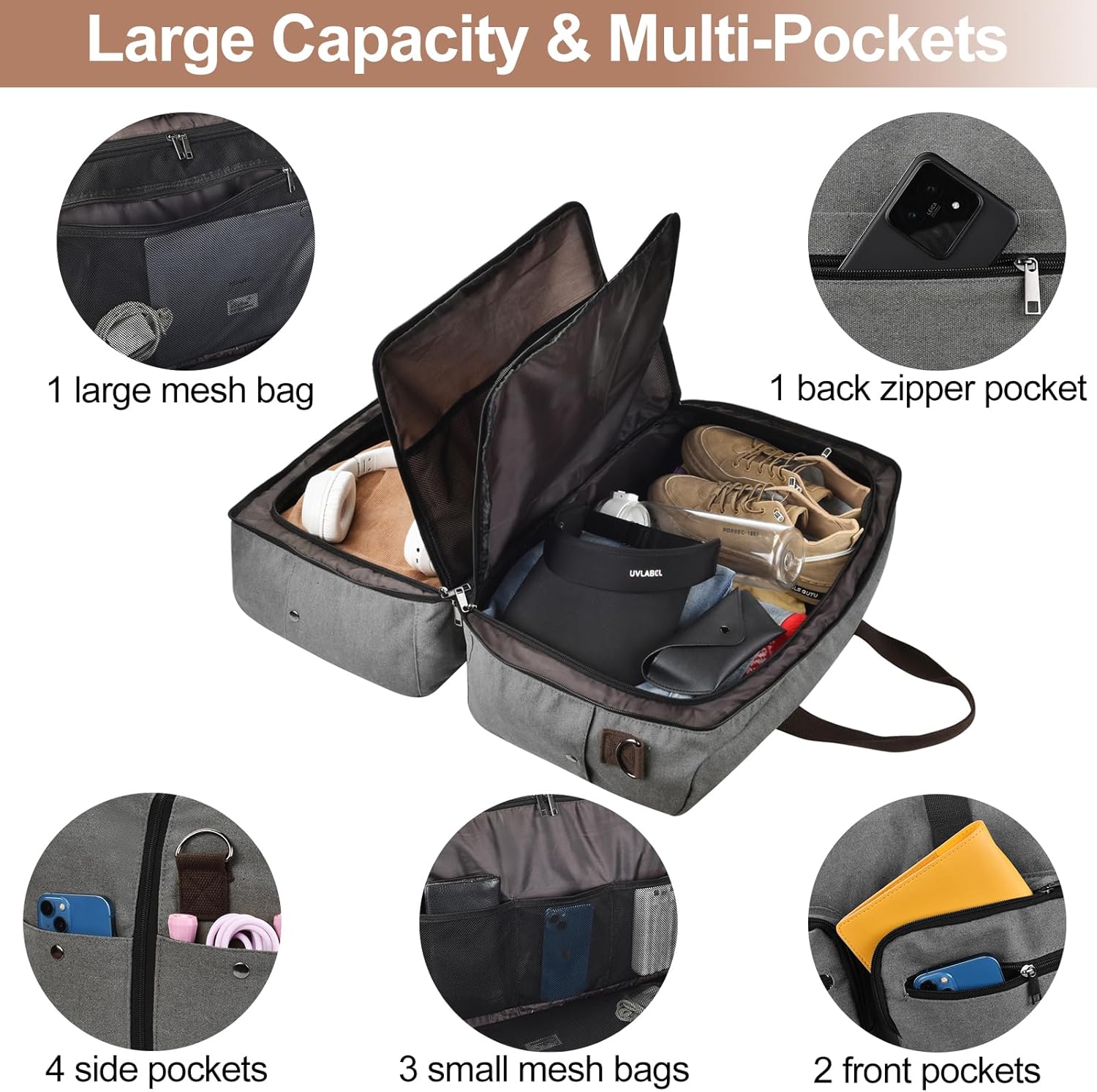 Duffle Bag for Travel, Canvas Travel Duffel Bags with Lay-Flat Design, Large Travel Duffle Overnight Weekend Gym Carry On Duffel Bag for Men & Women(Grey) - Image 6