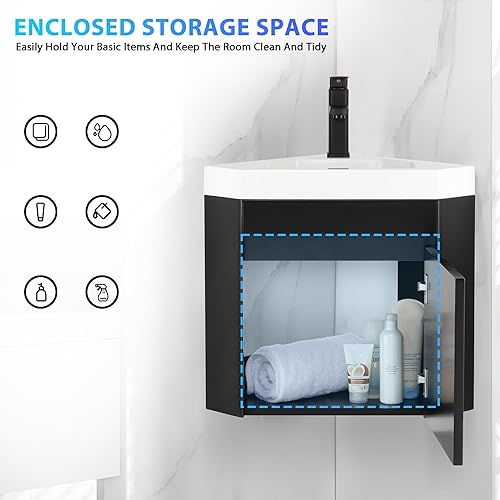 Miniatura 4 de eclife Combo de lavabo de baño esquinero de 22 pulgadas para espacio pequeño, armario flotante montado en la pared con fregadero de resina blanca