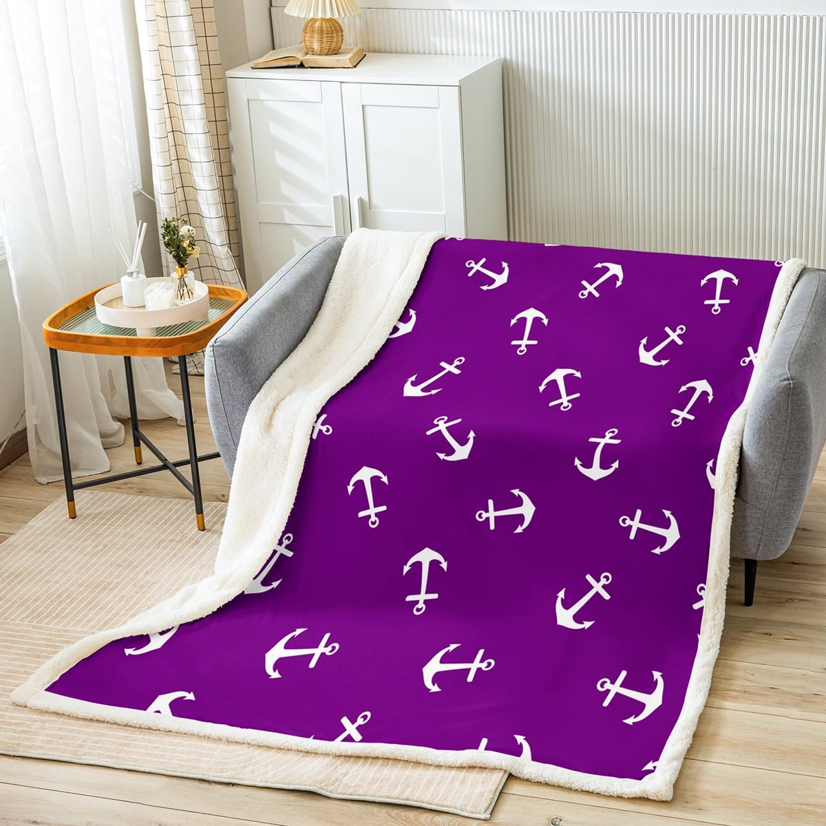 Couverture nautique violette Manfei plaid polaire enfant voilier décoration chambre ado 127x152