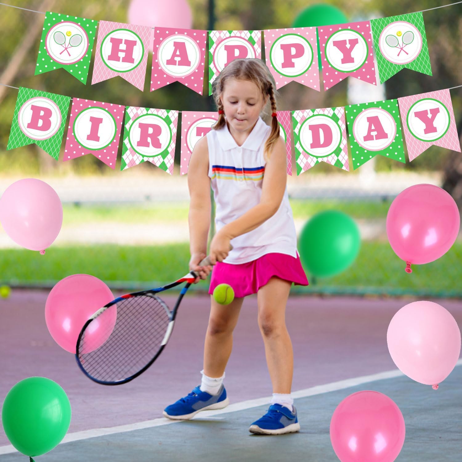 Tennis Themed Birthday Party Decorations Pink Sports Theme Banner Cake Cupcake Topper Supplies Tennis Enthusiast Birthday Party Decorations Tennis Ball Party Decor for Women Girls Adult Kids