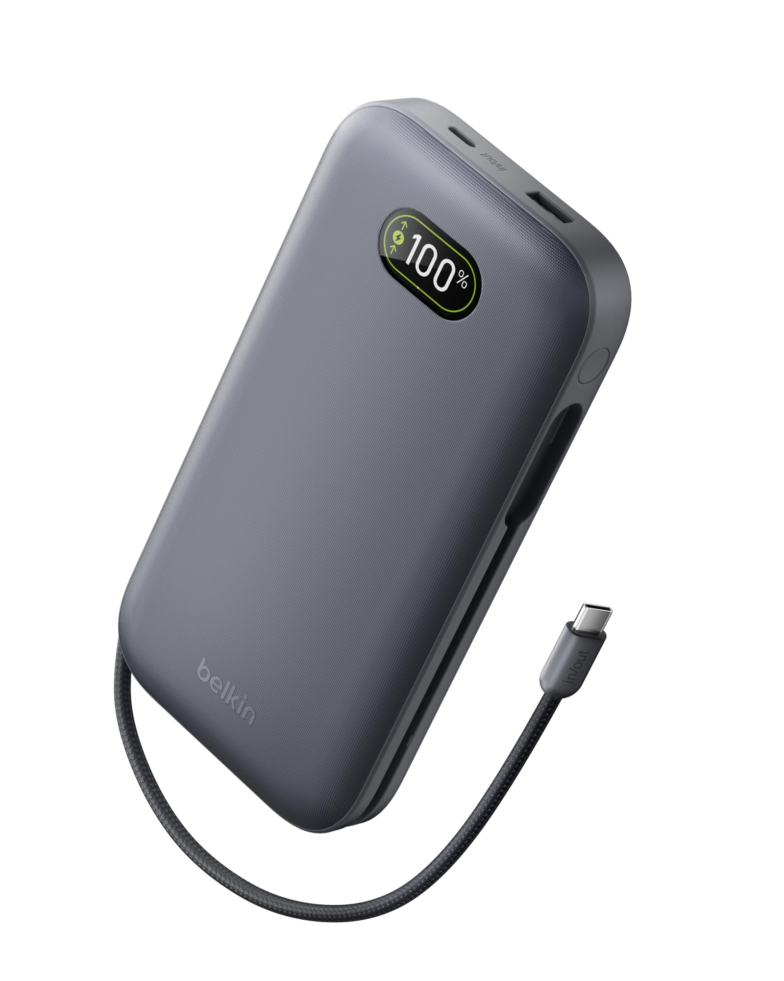 Belkin UltraCharge Pro Power Bank 27000mAh, Caricatore Portatile con Cavo USB C Integrato, USB PD 240W, Power Bank Portatile con Carica Rapida per MacBook Pro, iPhone, iPad Pro, Galaxy, Pixel, Carbone