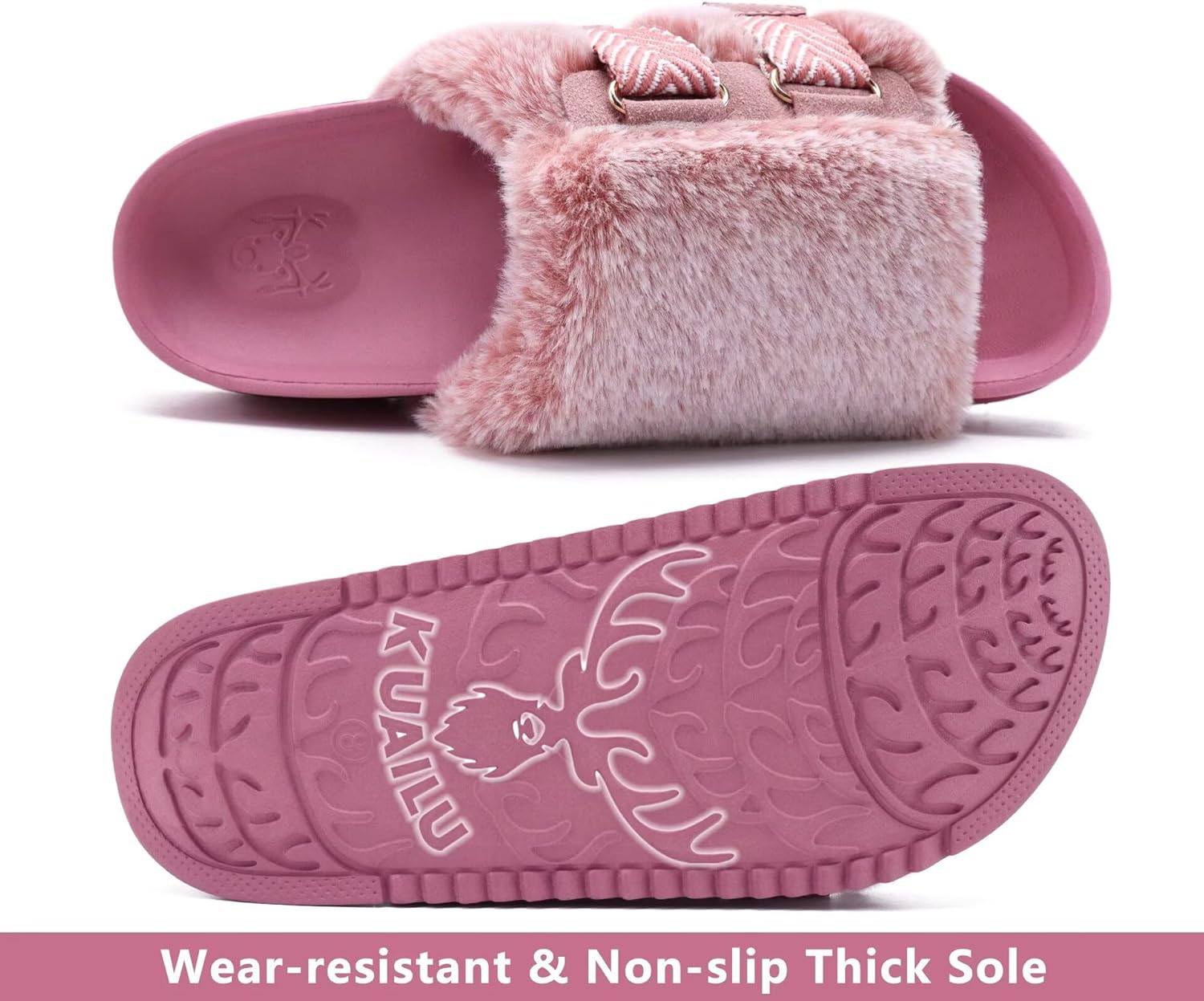 KuaiLu Womens Orthotic Sandals Comfortable Plantar Fasciitis Arch Support Faux Fur Sandal Slippers For Woman Adjustable Cushion Slides Slip On Indoor Outdoor Memory Foam House Shoes, Pink Size 12 - Image 6