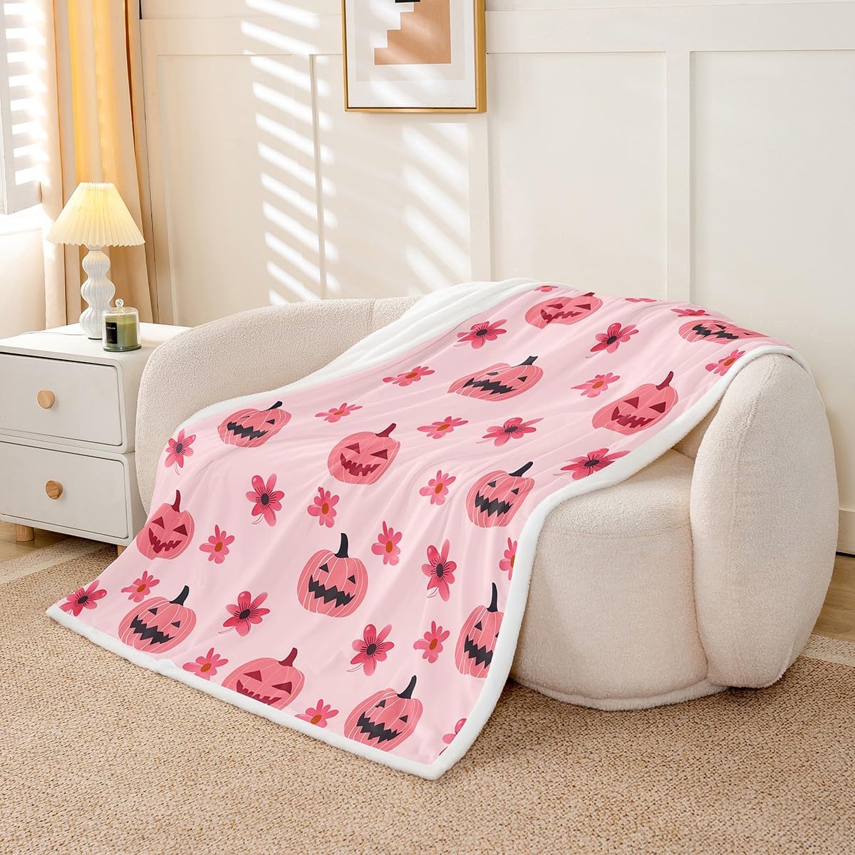 jejeloiu Happy Halloween Sherpa Blanket Plush Fuzzy Pink Pumpkin Fleece Throw Blanket for Kids Boys Girls Teens Room Decor Horror Theme Baby 30"x40" Soft Microfiber