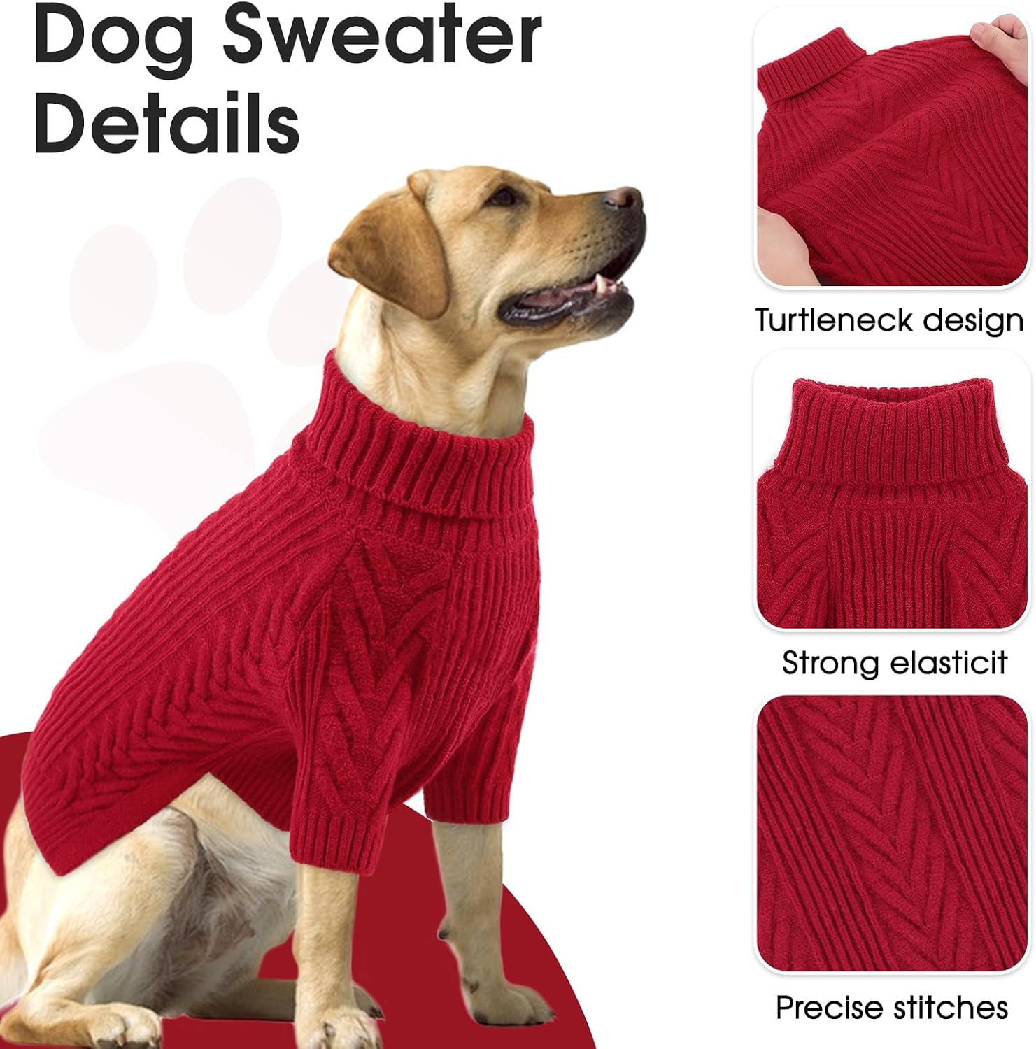 Dog Sweaters for Large Dog Girl Boy, Turtleneck Long Sleeve Knitted Pets Pullover Fall Winter Warm Solid Pull-on Pet Sweatshirt Rottweiler (Red, 2XL)