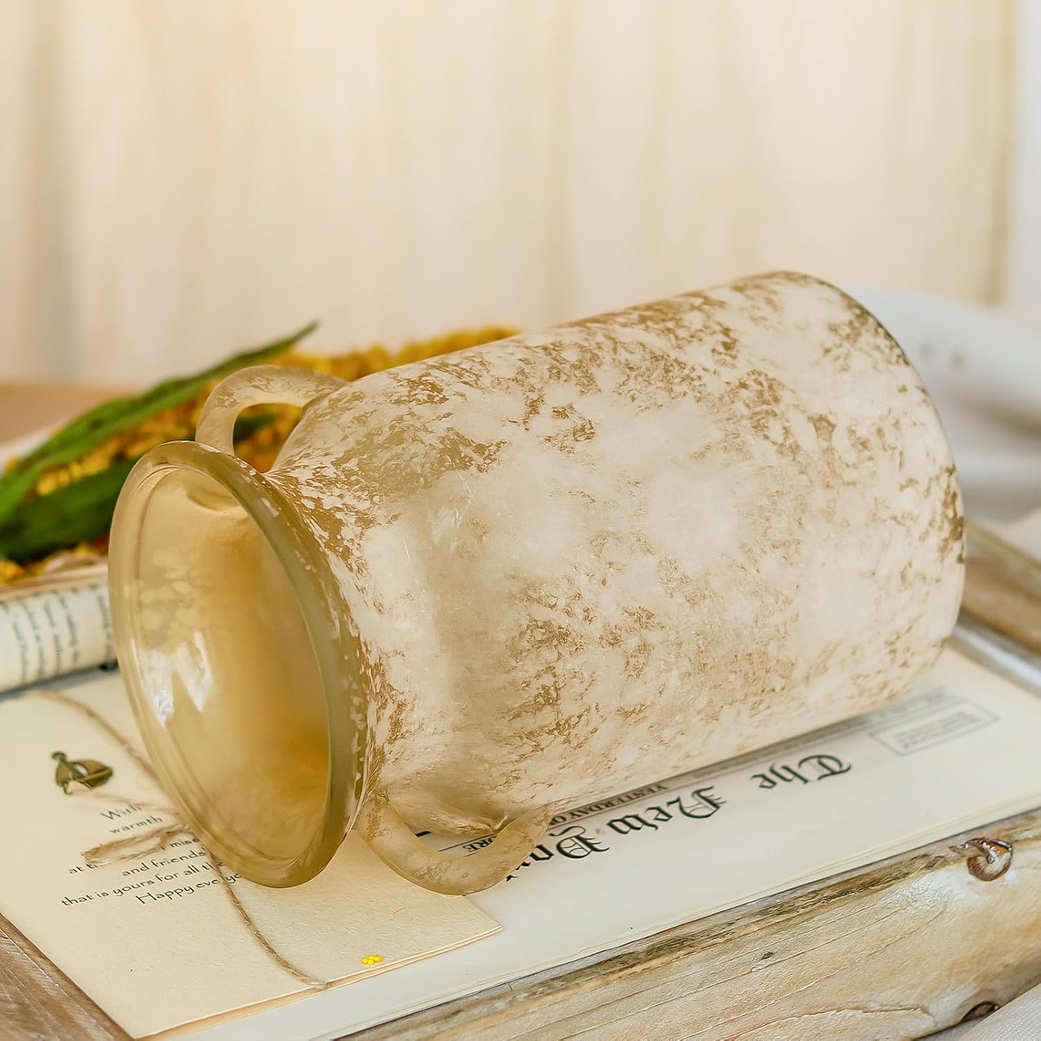 Glass Flower Vase with Handle- 8 Inches Rustic Imitation Ceramic Vase for Flowers, Vintage White Brown Centerpiece Decorations for Farmhouse, Modern Home, Table & Holiday Decorations - Image 7