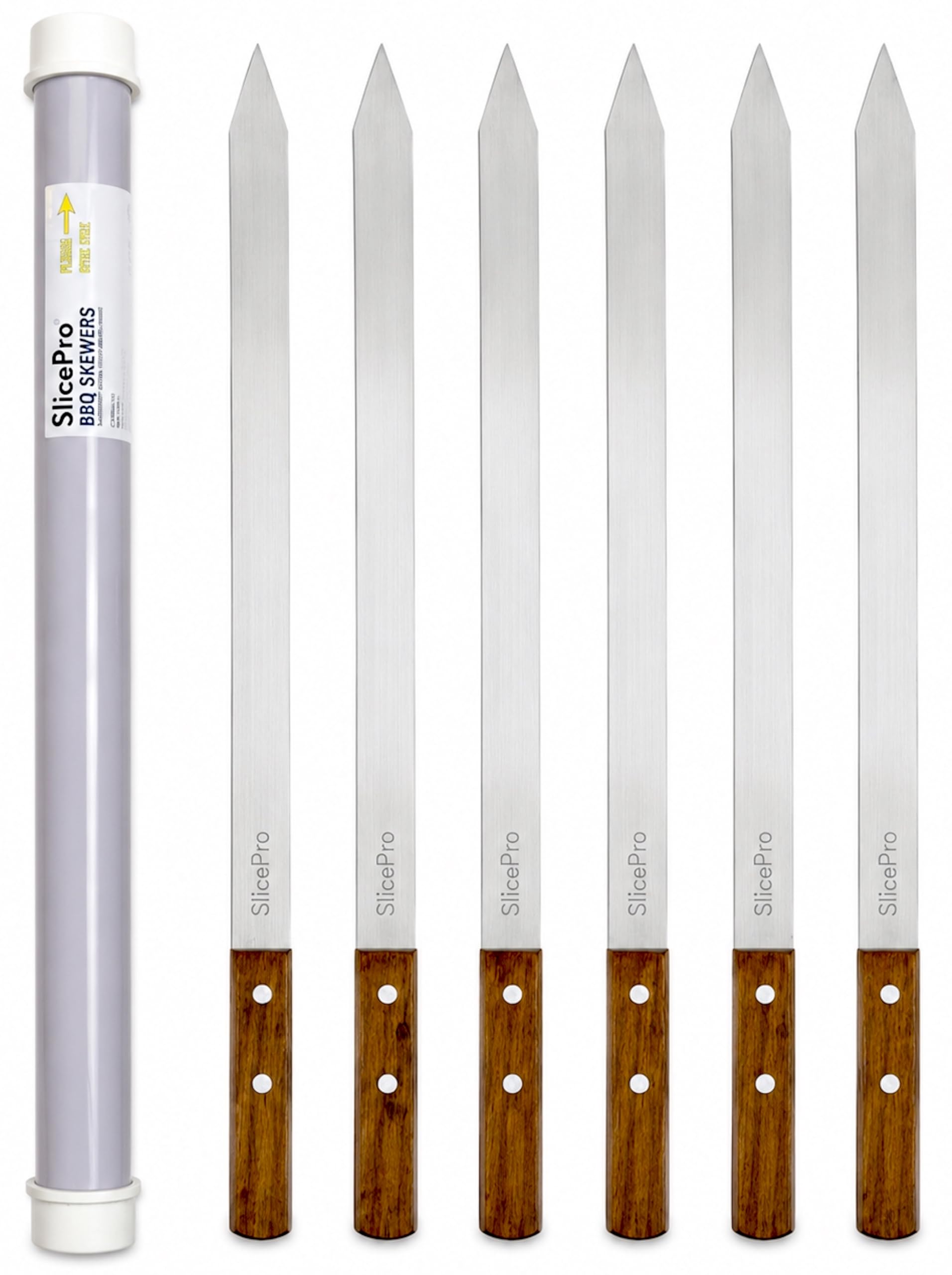 61 cm Long x 2.5 cm Wide X 2mm Thick Stainless Steel BBQ Skewers, Set of 6 Reusable Metal Skewers with Wooden Handles and Plastic Storage Tube. Dishwasher Safe, for Grilling Meat, Kabob