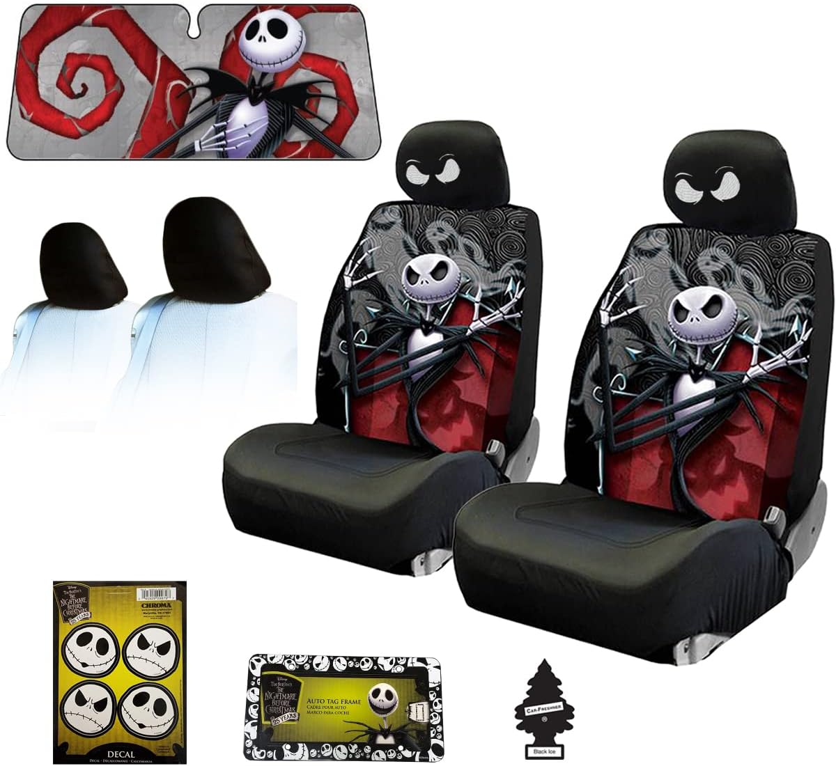 Yupbizauto New Plasticolor Nightmare Before Christmas Jack Skellington Ghostly Car Truck SUV Seat Covers Sunshade Headrest Covers Bundle Set