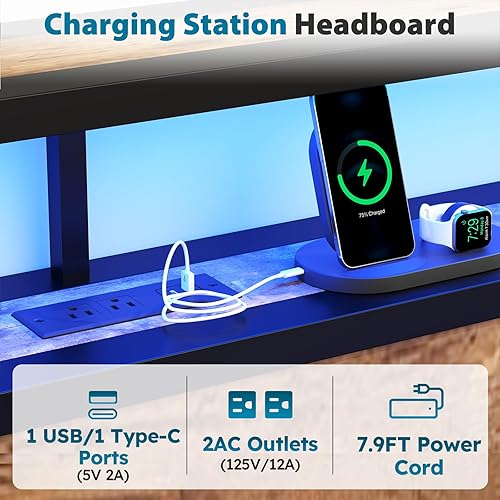 Miniatura 50 de Base de cama de tamaño matrimonial con cabecero, plataforma LED con 4 cajones de almacenamiento, estación de carga integrada, sin ruido, base de