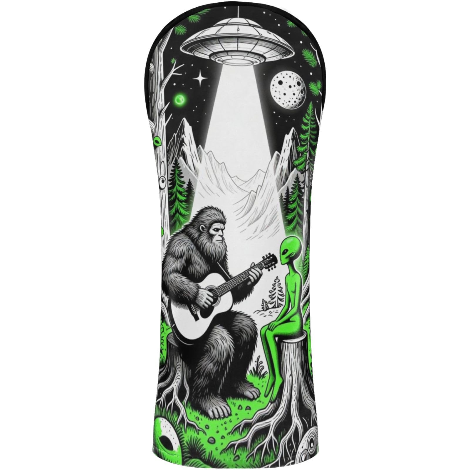 Golf Club Head Cover Headcover with Interchangeable No. Tags for Woods and Driver Fairway Hybrid Plays Guitar Sasquatch Camping UFO Alien1