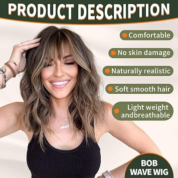 KOME Brown Wig with Bangs,Brown Highlight Synthetic Shoulder Length Curly Wavy Wigs for Women Party Daily Use 18IN