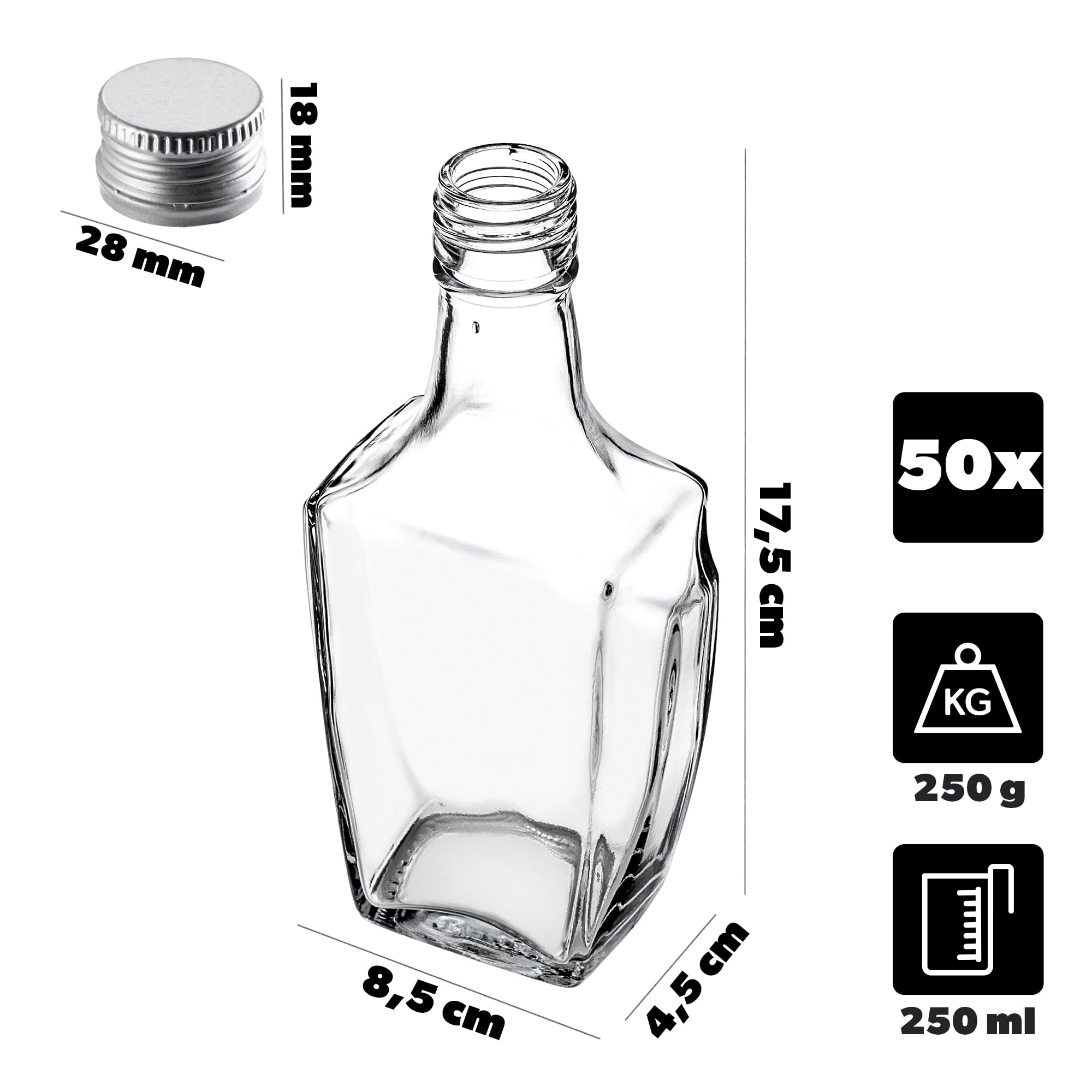 KADAX Botellas de cristal de 250 ml con tapón de rosca, 50 unidades, botellas vacías para rellenar, botellas de licor de cristal, pequeñas botellas de licor, botellas de zumo (plata)