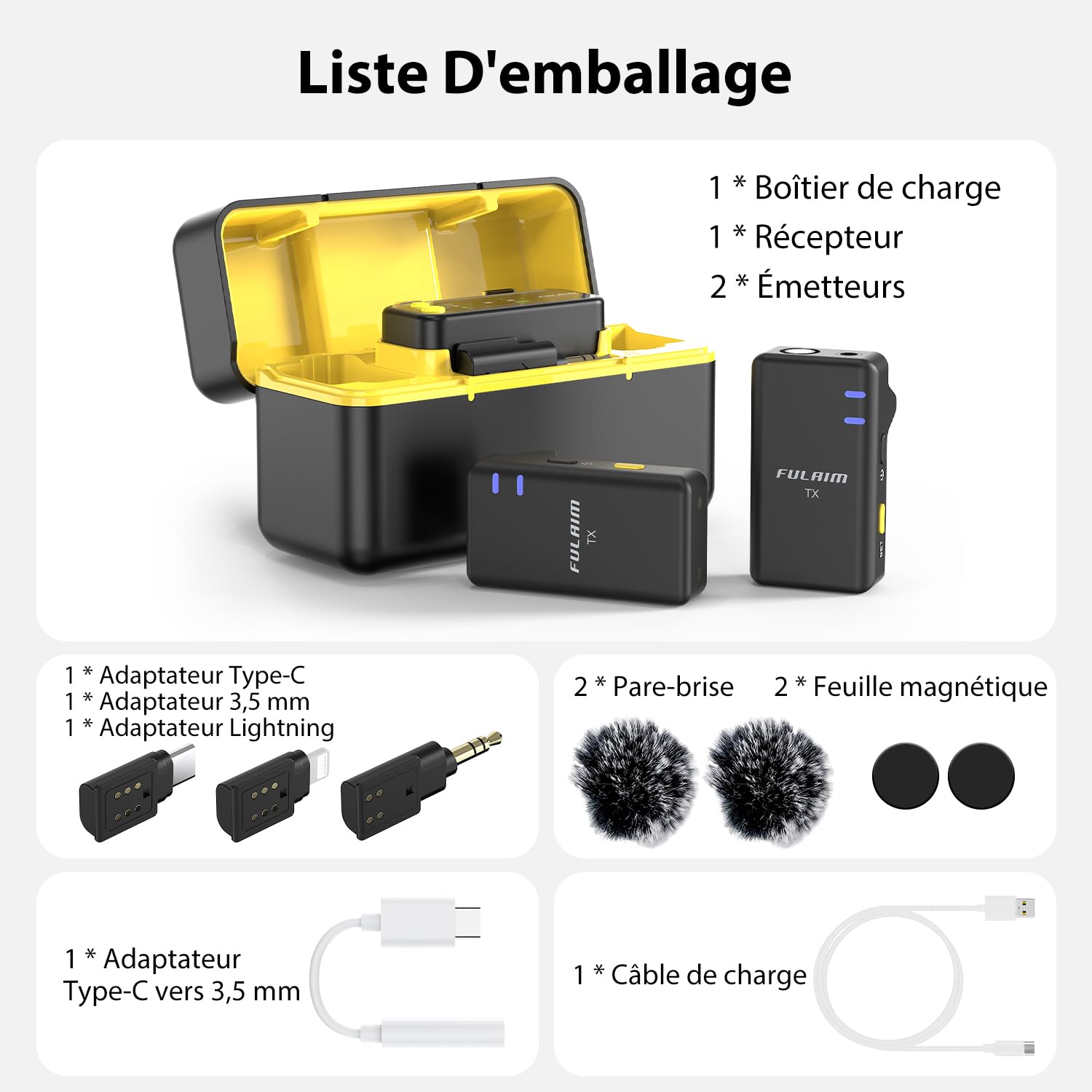 FULAIM X5M Micro Cravate sans Fil (2TX+1RX+Étui de Chargement), Lavalier Microphone Système avec Enregistrement embarqué 4G, Wireless Microphone pour iPhone Android Caméra Youtube VLOG TIK Tok