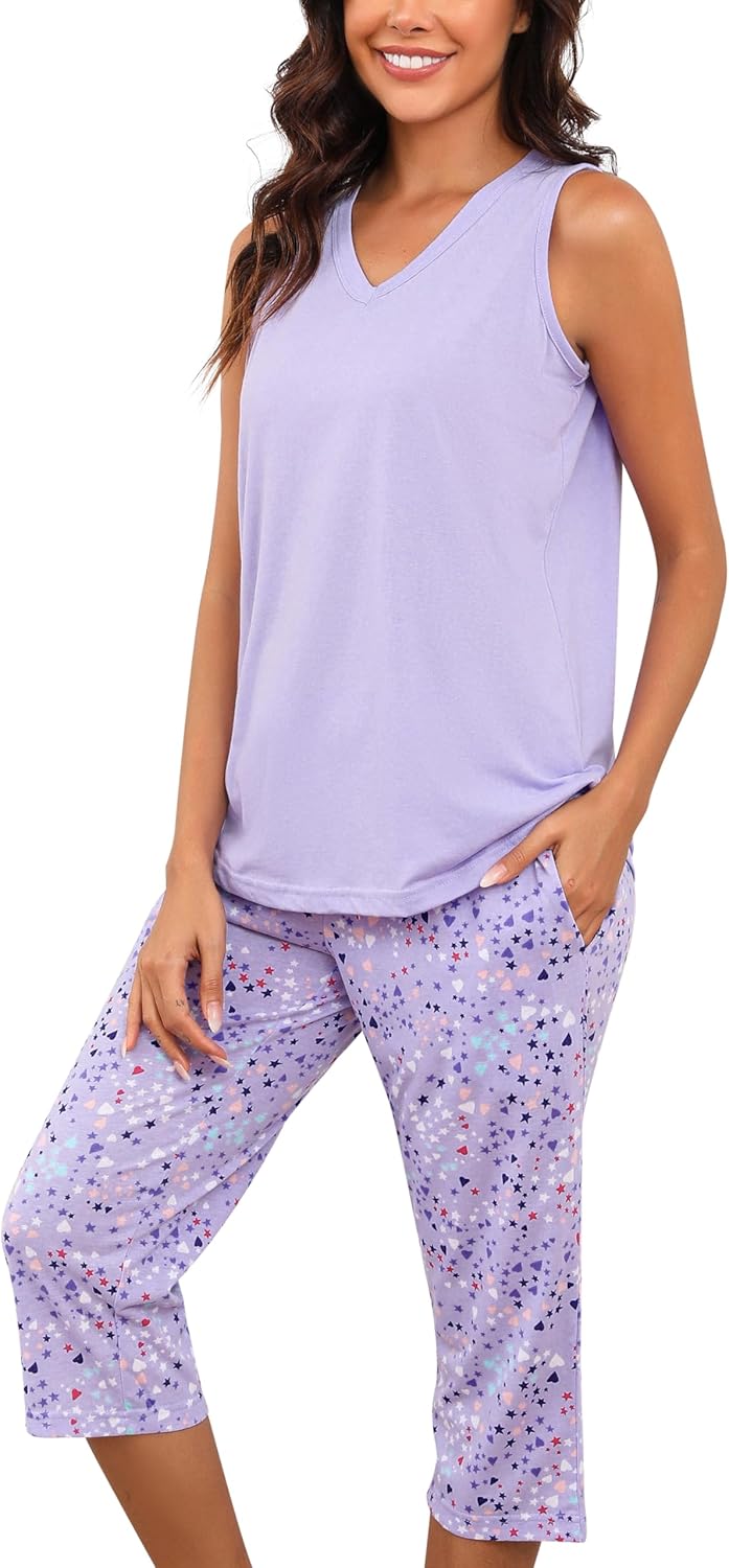 PNAEONG Women's Pajamas Set, Cotton Sleeveless Sleepwear V Neck Top Capri Pants with Pockets Soft Loungewear S-XXL