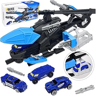 VBACALA Large Helicopter Toys for Boys Age 4-7, Police Rescue Plane Toy for Kids with Police Cars and Cargo Basket, Pretend Play Transport Airplane for Toddlers Kids 3+ Years Old