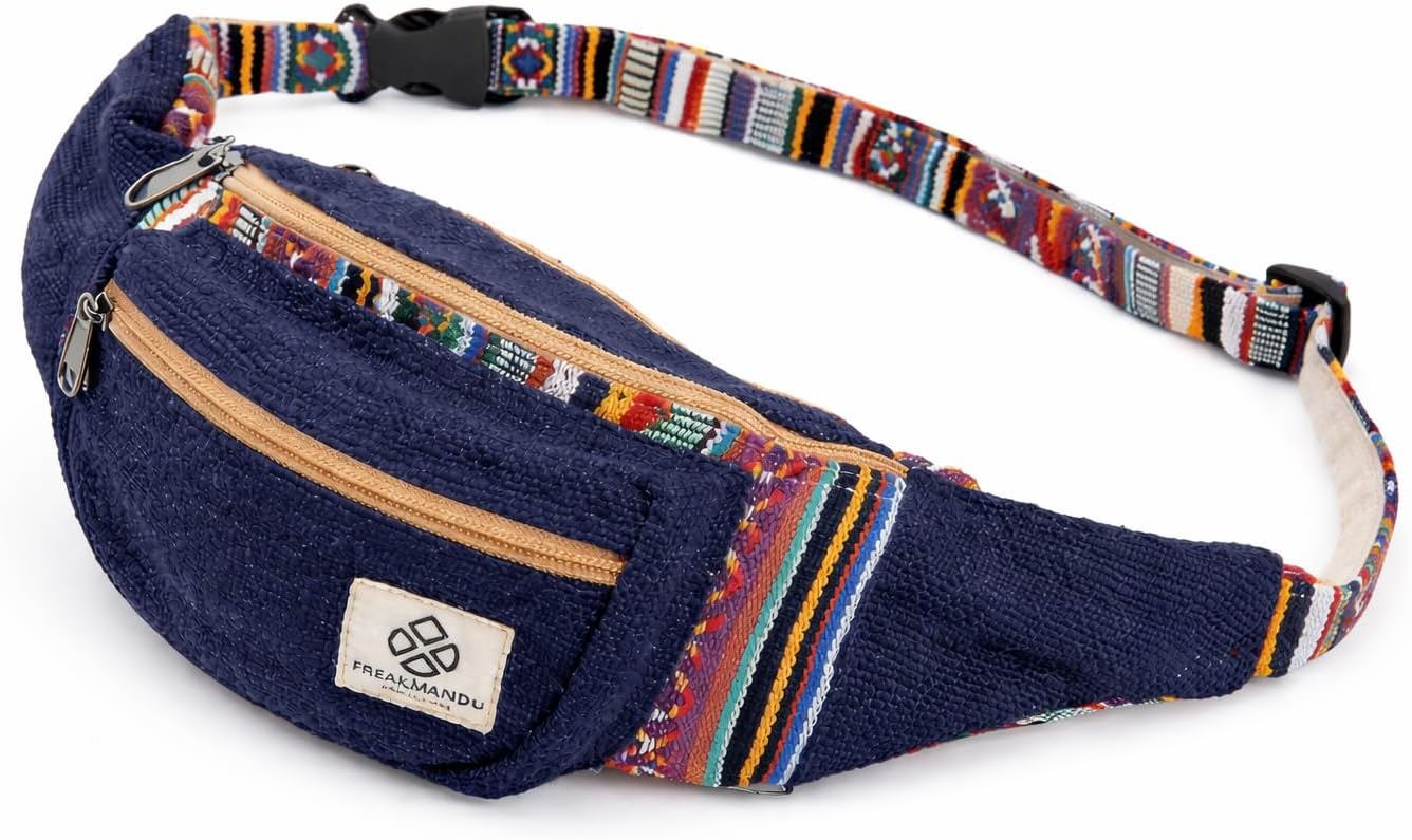 Freakmandu Eco-Friendly Boho Hippie Style Hemp Fanny Pack Blue Hip Waist Bag for Hiking Running Jogging (Azure)