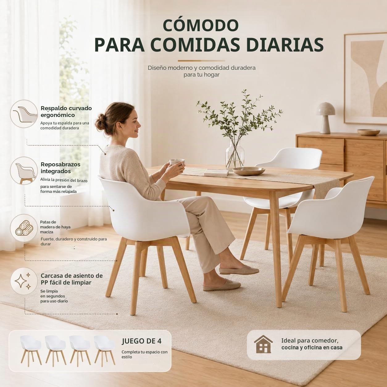 EGGREE Pack de 4 Sillas de Cocina Nordic Moderno Sillón Comedor Escandinava con Las Piernas de Madera de Haya Blanco