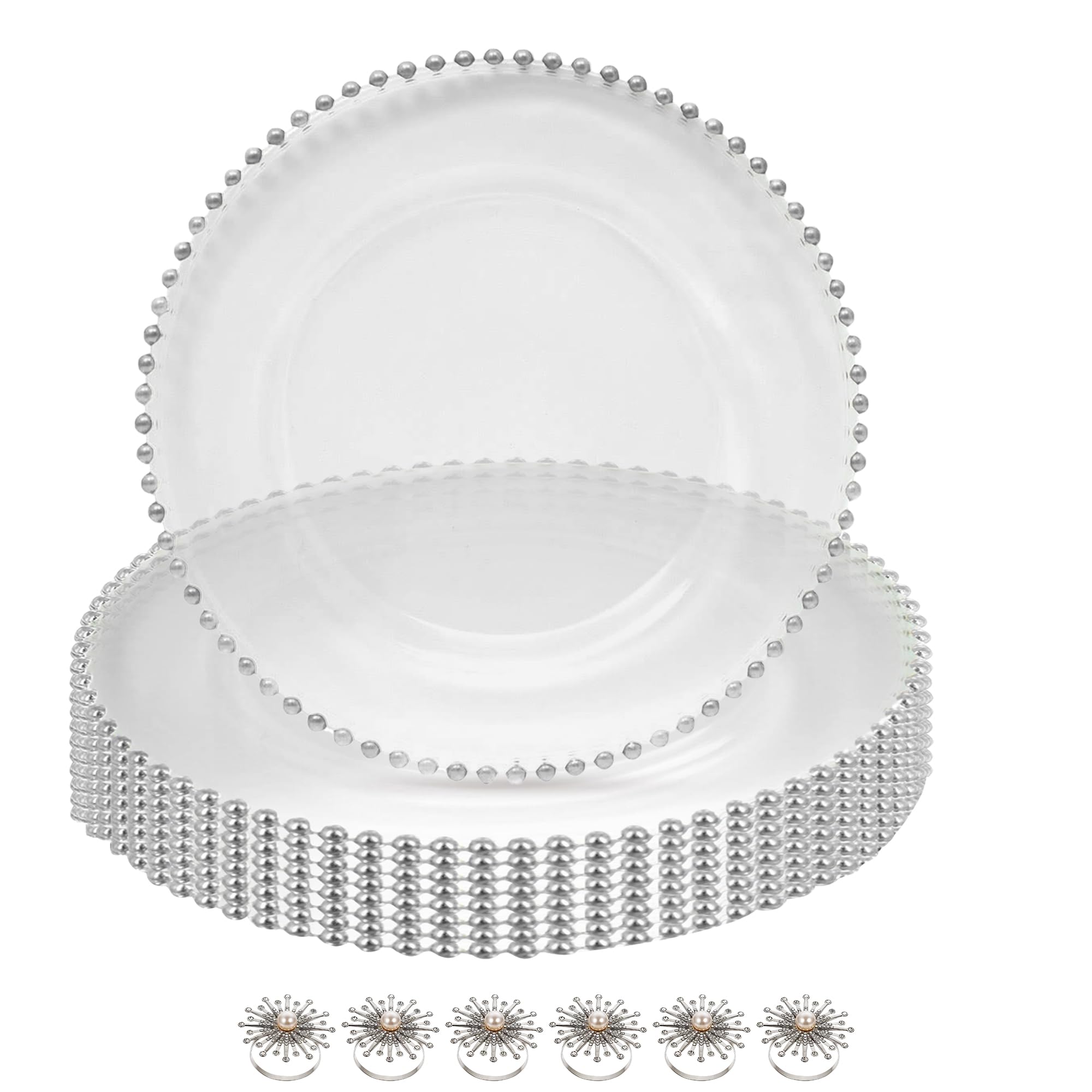 Juego de platos de cristal transparente con borde de cuentas plateadas y servilleteros con diamantes de perla, elegantes cargadores de 33 cm para bodas, fiestas, banquetes, eventos y decoración de