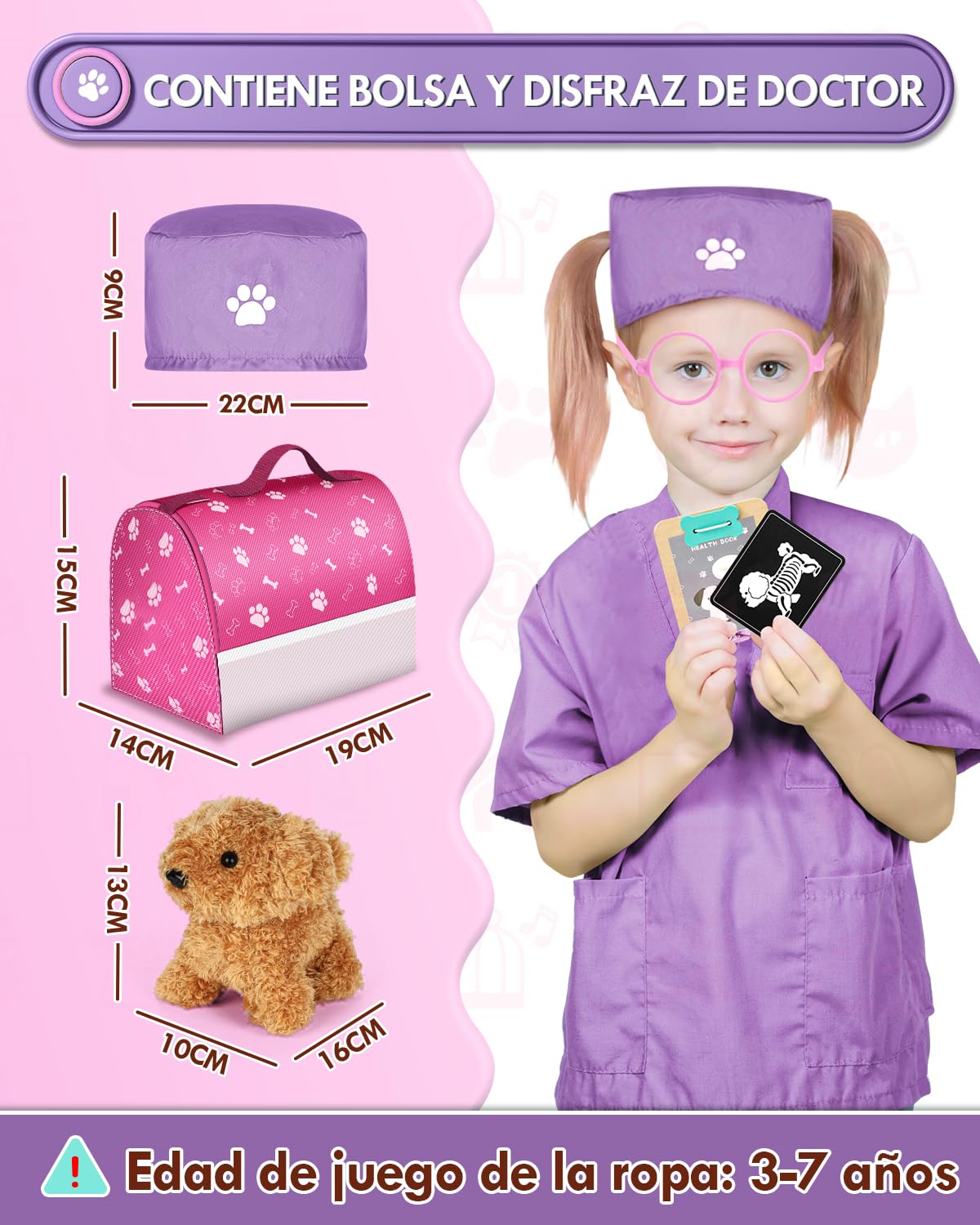 Maletin Medico Juguete, Veterinario Juguete de Madera Perro de Peluche, Kit Medico Infantil, Juguetes Niños 3 Años(Rosa)
