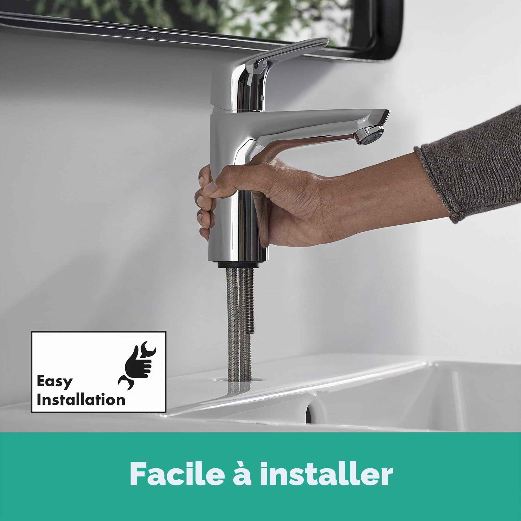 hansgrohe Focus - Mitigeur de lavabo avec tirette et vidage, Robinet de salle de bain avec hauteur sous bec 100 mm, économie d'eau (EcoSmart), Chromé