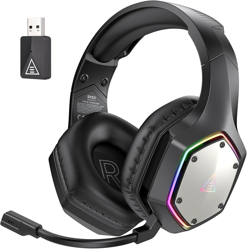 EKSA auriculares inalámbricos para juegos de 2,4 GHz para PC, PS4, PS5, auriculares para juegos con micrófono con cancelación de ruido, sonido envolvente 7.1, batería de 36 horas, RGB, auriculares para computadora con cable de 3,5 mm