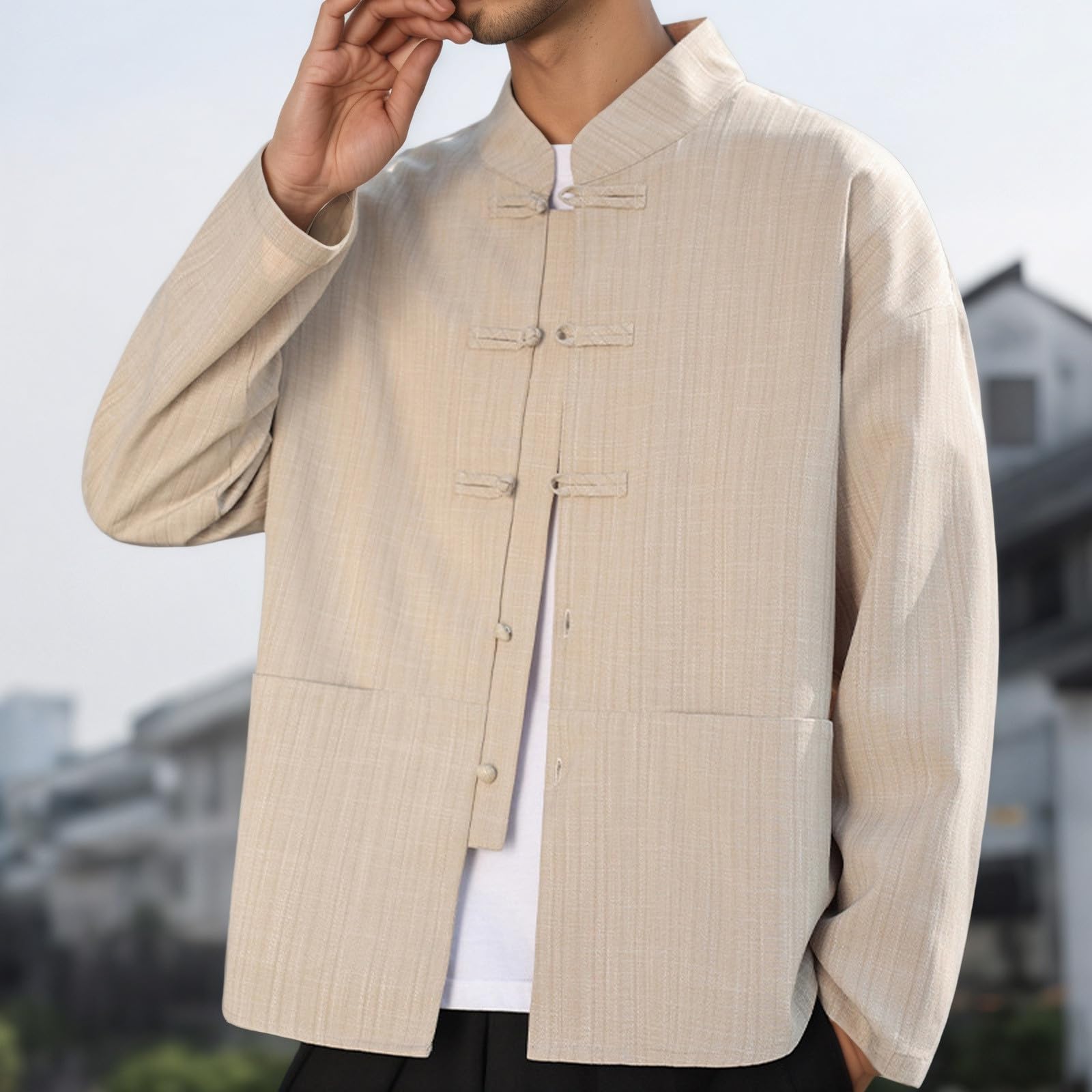Costume tang pour homme - Blazer en lin pour le printemps et l'été - Veste de costume simple - Bouton cranté - Veste avec poche - Style rétro traditionnel - Mélange coton et lin - Col montant