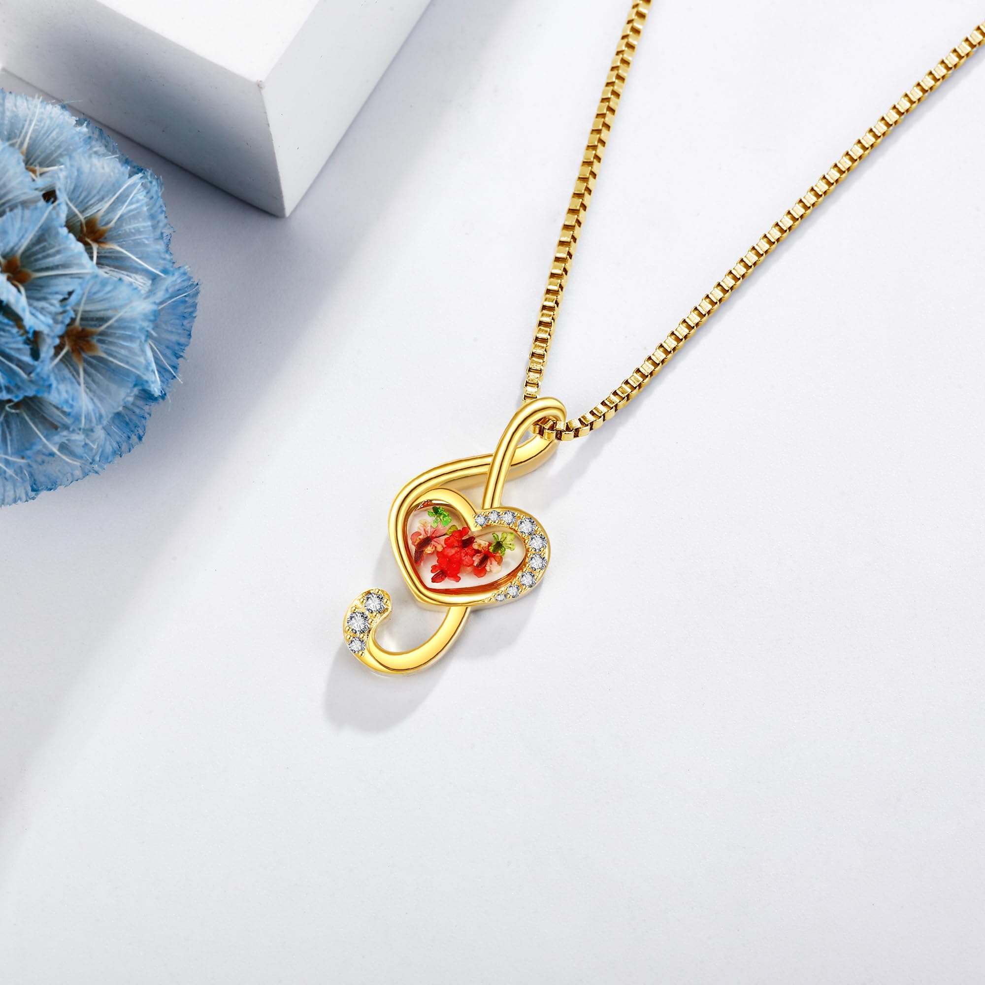 URONE Collana con note musicali in argento Sterling pressato, con fiori secchi, regalo per donne e amanti della musica, Argento sterling