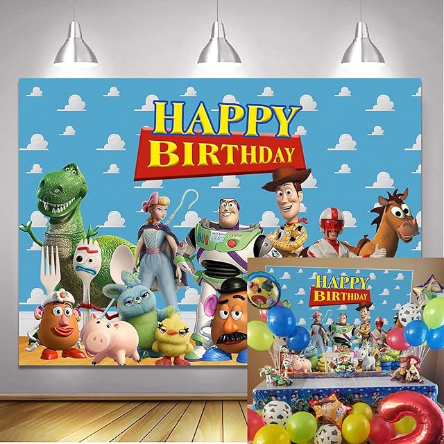 SK Toy Story Backdrop Kids Boys Happy Birthday Party Decoration Toy Story Theme Birthday Party Decoration Photo Backdrop 2.1x1.5m
