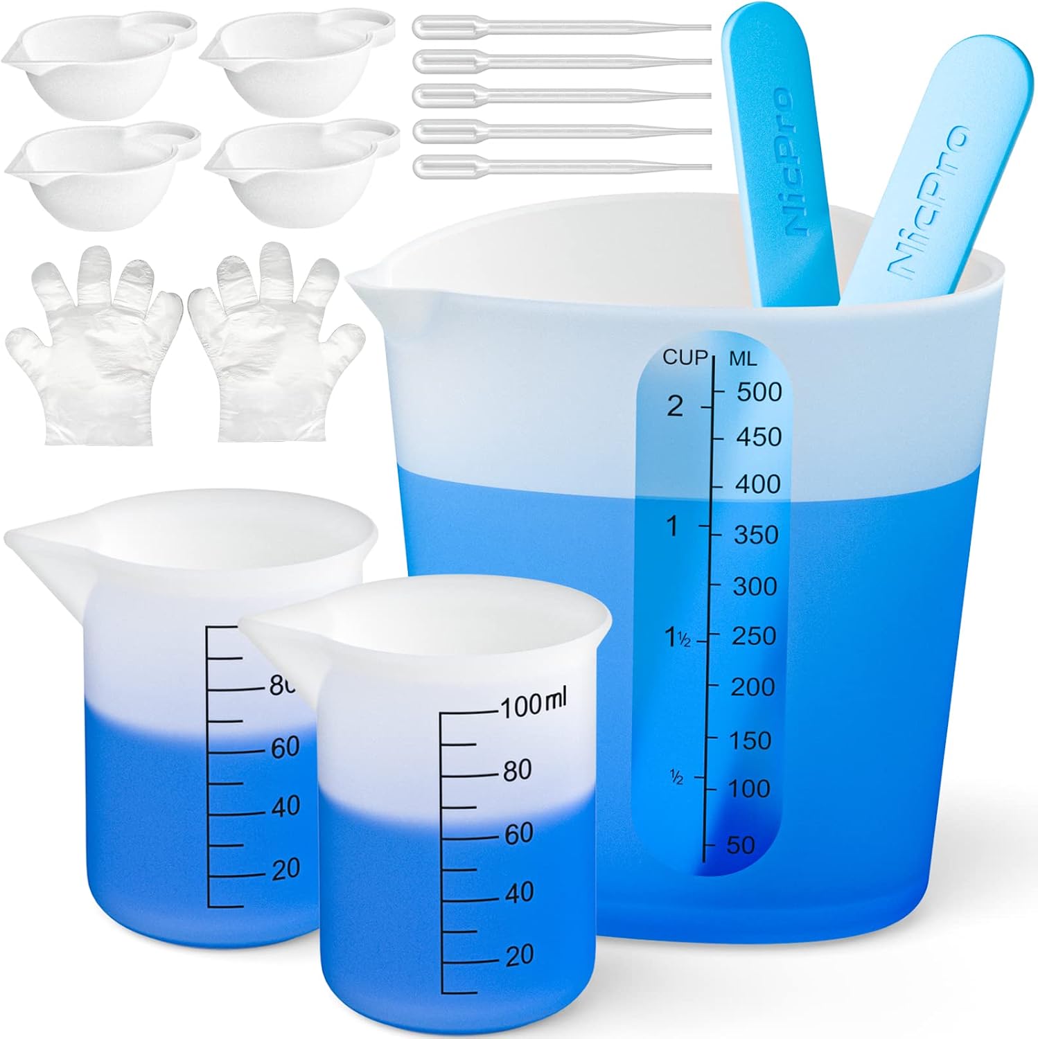 Large Resin Silicone Measuring Cups Tool Set 500ml &100ml, Nicpro Heart Shape Measure Cups, Silicone Stir Sticks, Pipettes, Gloves for Epoxy Resin Mixing, Molds, Jewelry Making, Waxing, Easy Clean