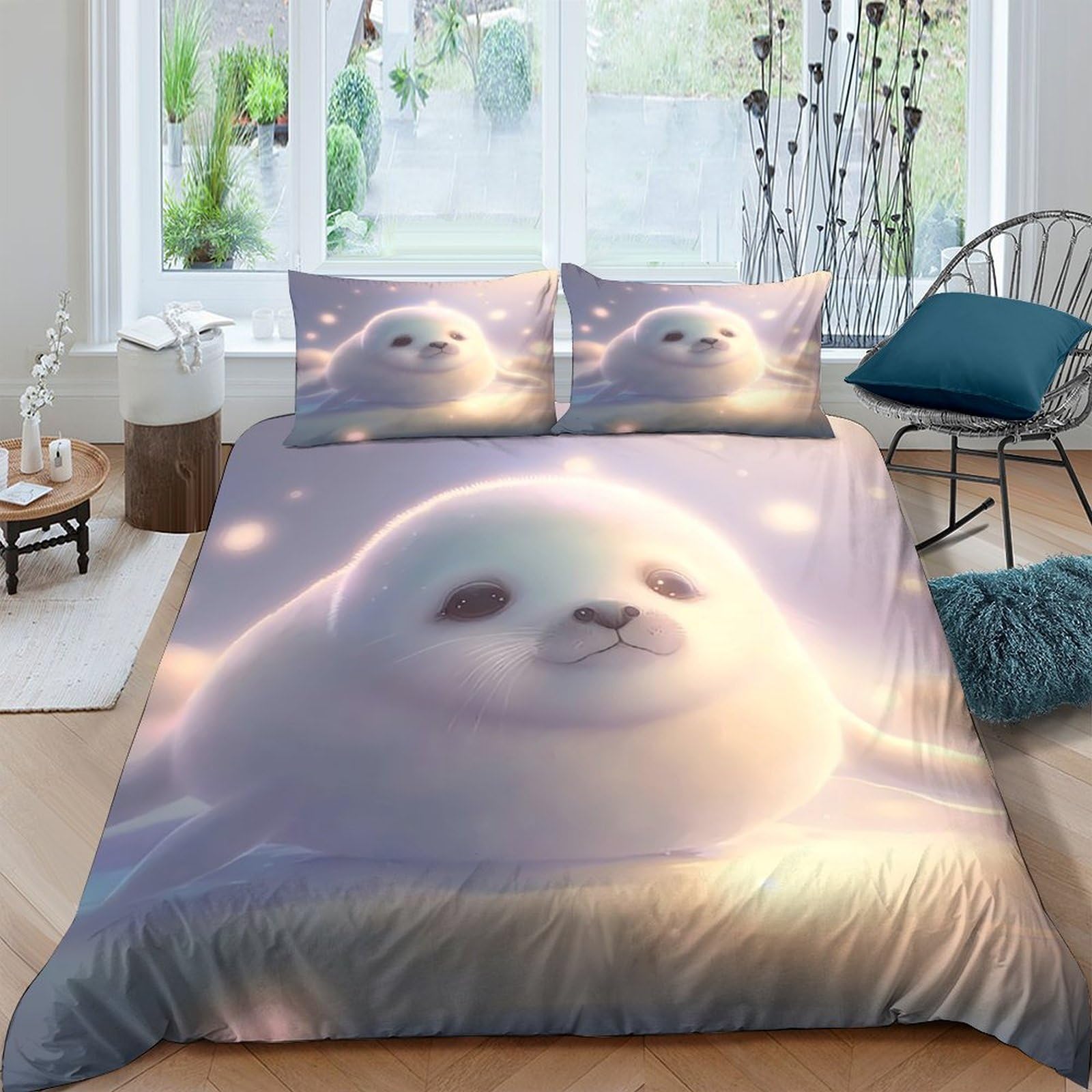 GPLZQXKJNH 3D Printed Cute Seal Duvet Cover Microfiber Soft Breathable Dreamy Animal Bedding Set with 2 Pillowcases for Bedroom Decor Single（135x200cm）