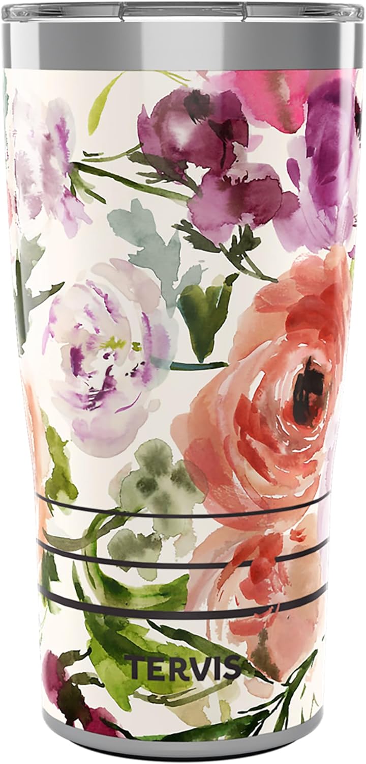 Tervis Traveler Kelly Ventura Floral Collection Triple Insulated Tumbler Travel Cup Keeps Drinks Cold & Hot, 20oz - Stainless Steel, Heather Rose