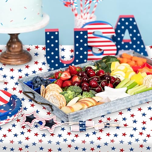 Miniatura 5 de Whaline Paquete de 3 manteles de plástico patrióticos rectangulares desechables con estrellas para el Día de la Independencia, Día de los Caídos,