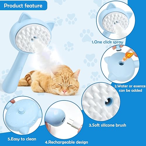 Miniatura 4 de Juome Cepillo de vapor para gatos, cepillo de vapor 3 en 1 para desprendimiento, cepillo de vapor para gatos para masaje, cepillo multifuncional