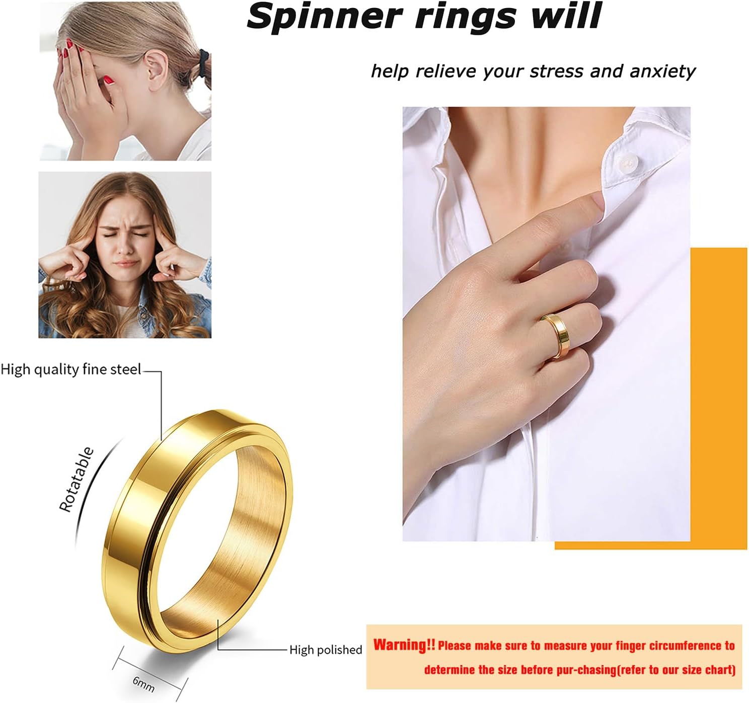 14K Gold Plated Anti Anxiety Ring for Women Men Sun Star Moon Stainless Steel Fidget Ring Gold Spinner Ring Band with Black Box Packed - Image 5