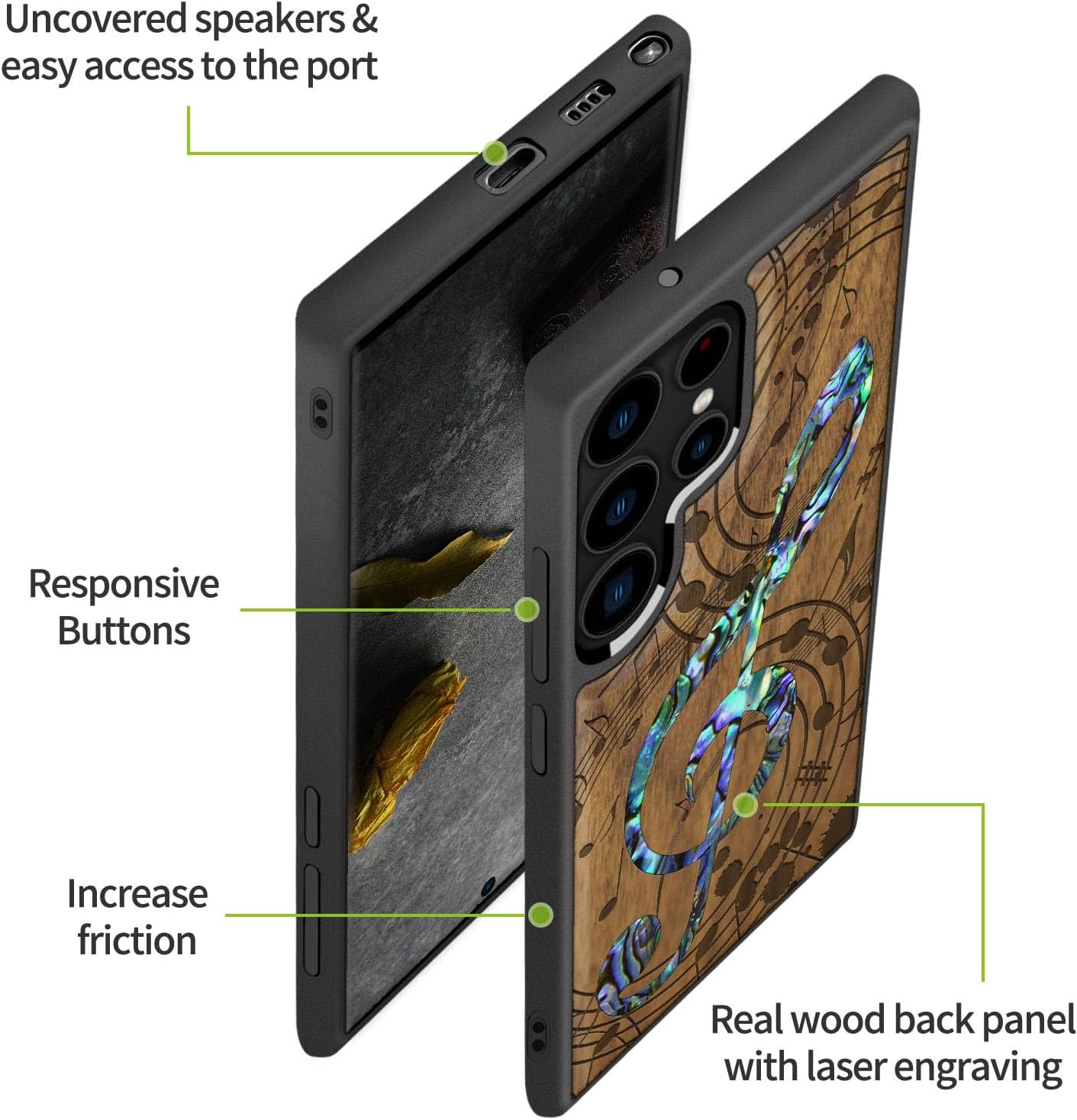 Carveit Designer Wooden Cover for Samsung Galaxy S22 Ultra Case [Wood Engraving & Shell Inlay] Wood Phone Case Compatible with Wireless Chargers Galaxy S22 Ultra (Musical Note-Walnut)