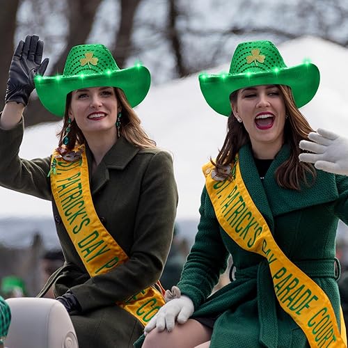 Miniatura 6 de Silicherry Paquete de 6 sombreros de vaquero de trébol de San Patricio con luz LED, sombrero de vaquera verde trébol, sombrero irlandés para