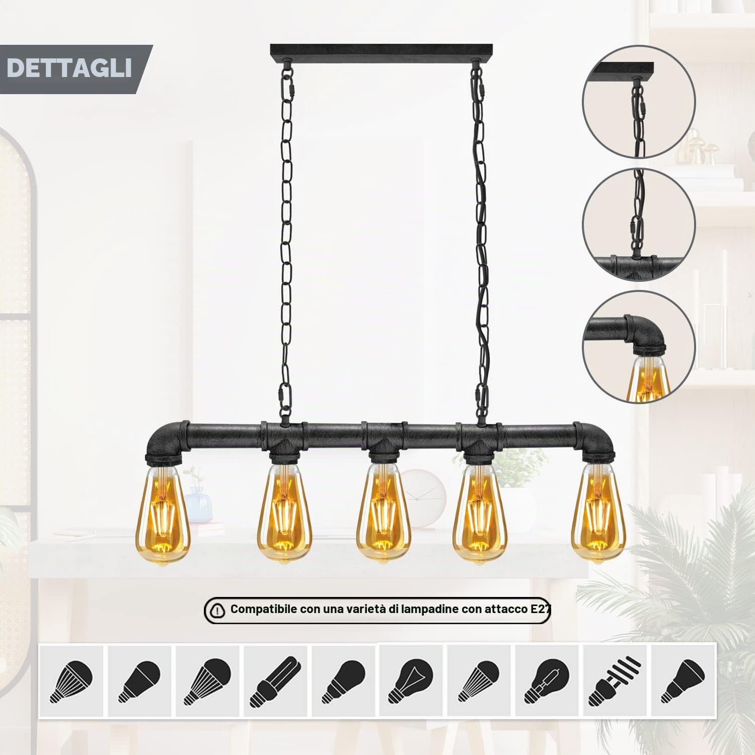 LEDSone Lampada a sospensione in metallo Steampunk stile vintage retrò industriale a 5 vie Illuminazione a soffitto per tubi dell'acqua (argento spazzolato)
