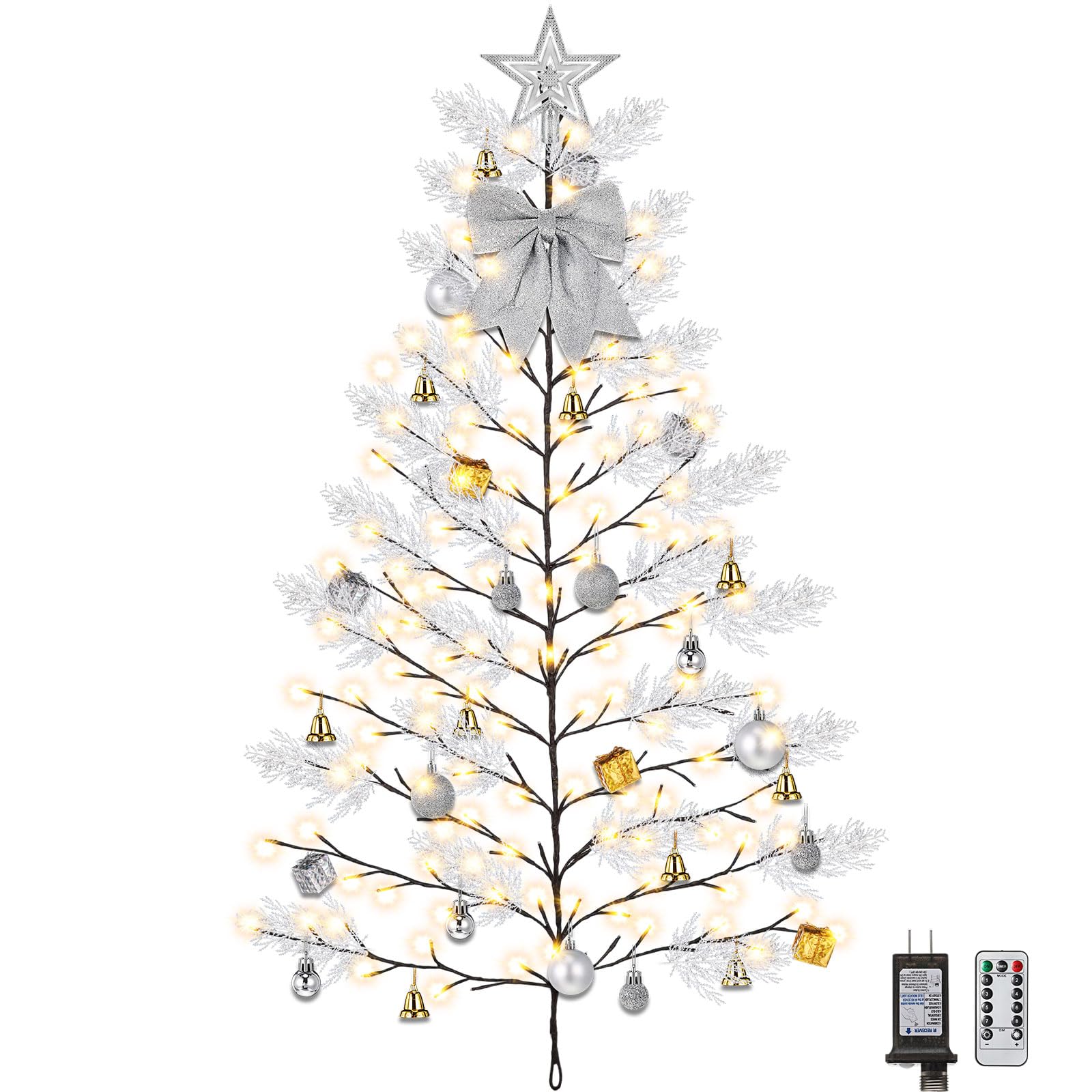 Leyndo Sapin de Noël mural 144 LED de 1,5 m avec lumières 8 modes, télécommande, boule de Noël, nœud, étoile, cloche, pin pour salon, bureau, école, décoration murale de Noël (argent)