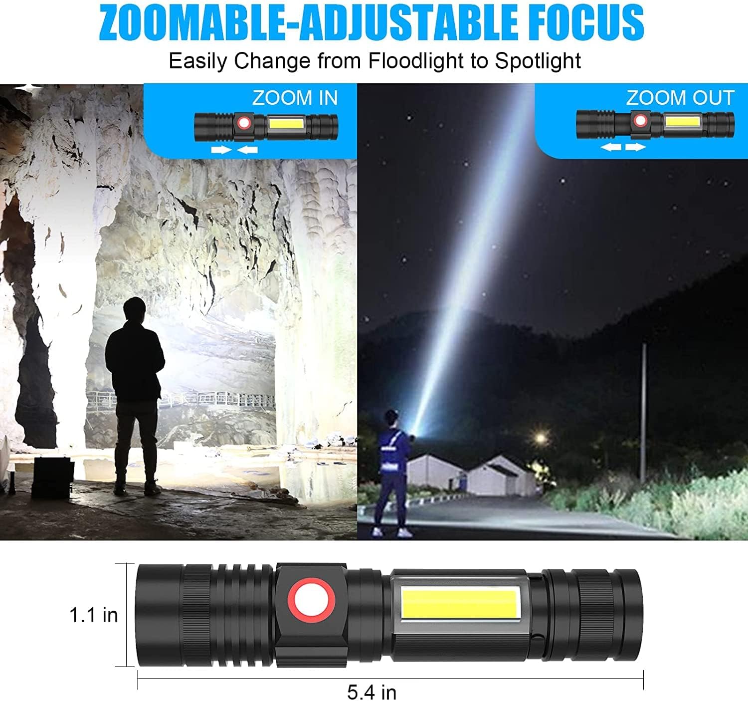 Hoxida USB Rechargeable Flashlight, Magnetic LED Flashlight, Super Bright LED Tactical Flashlight with Cob Worklight,Waterproof,Zoomable Small LED Flashlight for Camping, Flashlight with Holsters